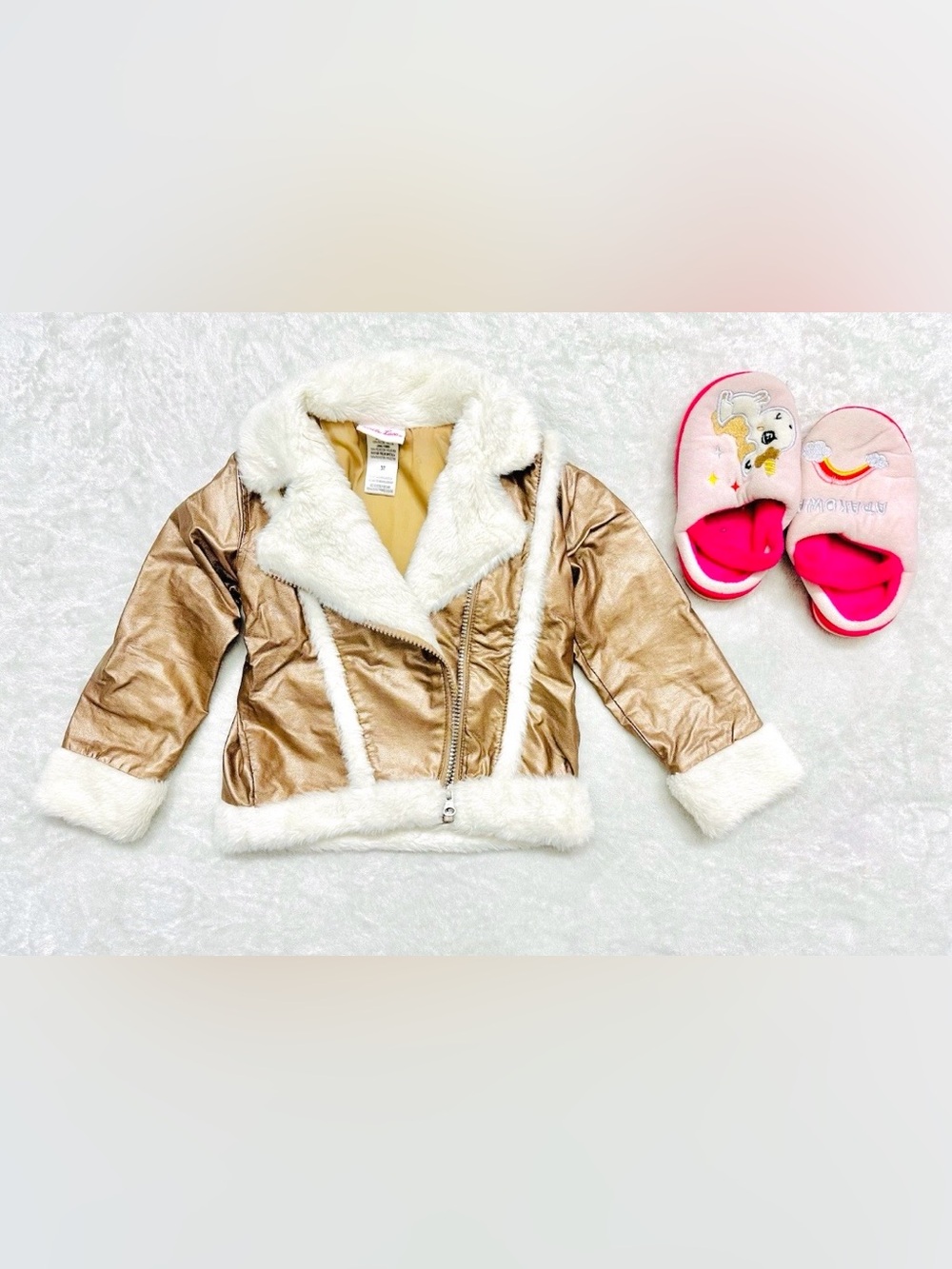 Little Lass Girls 3T Metallic Gold/White Faux Leather Moto Jacket Faux Fur Trim